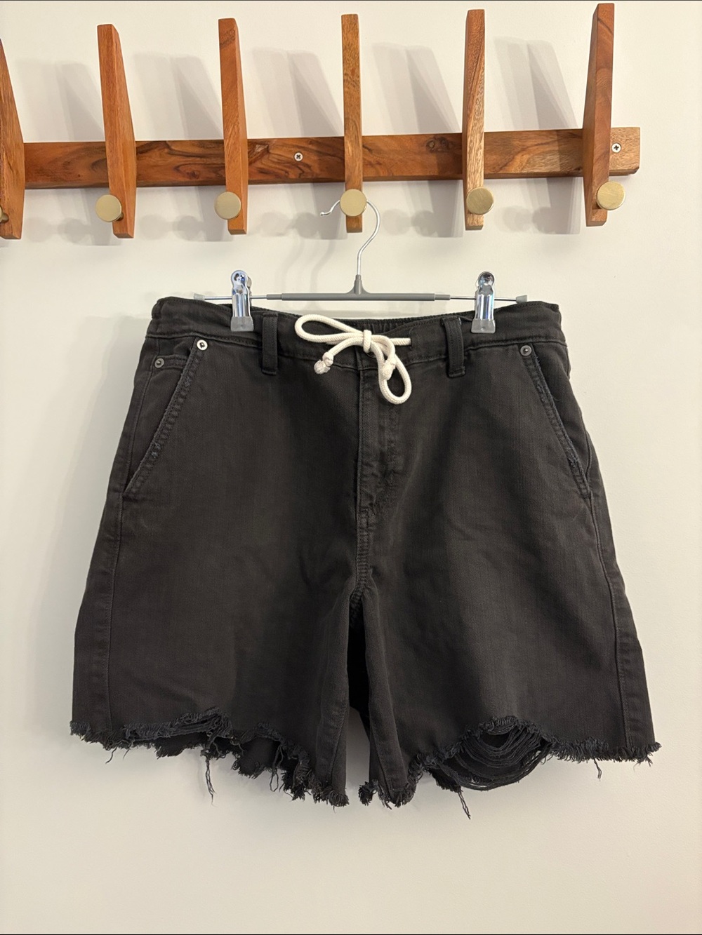 aerie Black Distressed Drawstring Jean Shorts